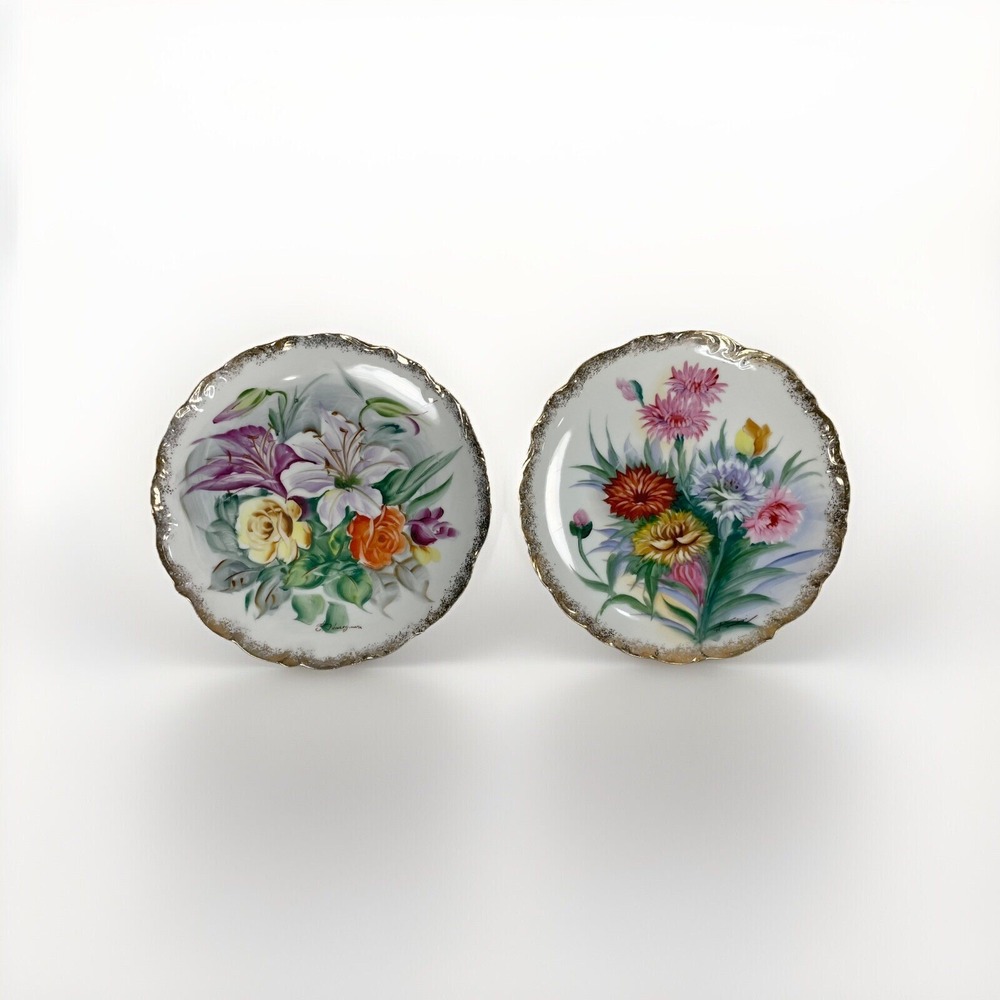 Vintage Hand painted Ceramic Multicolor Flower Wall Plates Gold Rim Set Of 2